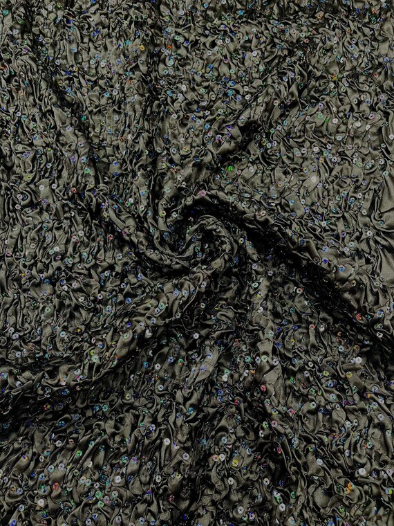 Black Pleated Stretch Satin Ruffle lace Trim With Hologram Sequin/24" Wide/Sold By The Yard.