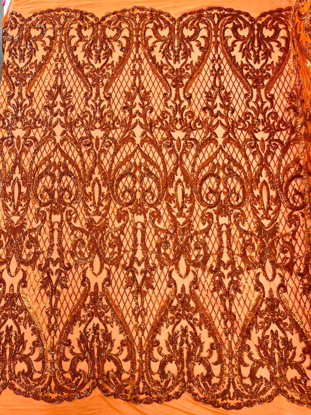 Damask Shiny Sequin Shell Design On a 4 Way Stretch Mesh Fabric -Prom-Sold By The Yard. Burnt Orange main image 0
