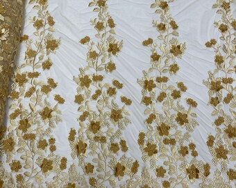 Gold Princess 3D Floral Design Embroider and Beaded With Pearls On a Mesh Lace-Prom-Dresses-Nightgown-Apparel-Fashion-Sold by Yard.
