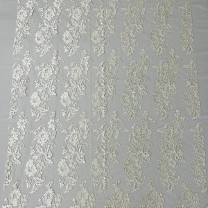 Floral Design Embroider and Corded On a Mesh Lace Fabric-Sold By The Yard. Ivory
