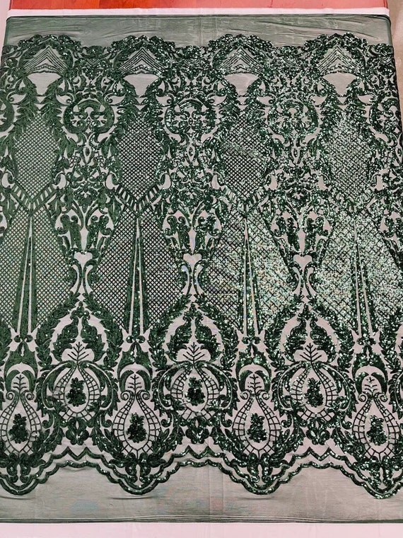 Princess Sequin Design on 4 Way Stretch Mesh Fabric-Prom-Sold By The Yard. Hunter Green