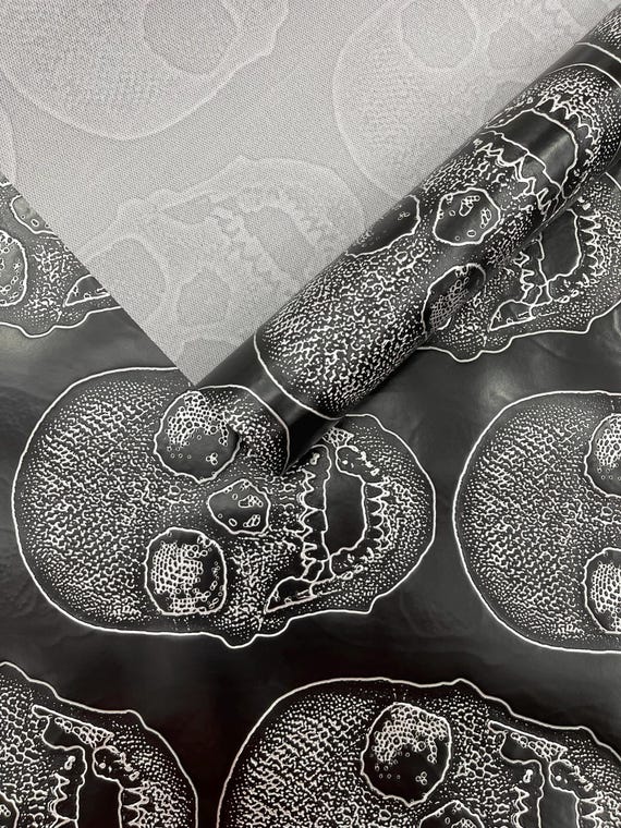Black Skull Vinyl Upholstery, 3D Embossed Fake Faux Leather PVC Vinyl Fabric.