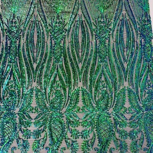 Paisley Sequin Design On a 4 Way Stretch Mesh-Prom-Sold By the Yard. Green Iridescent