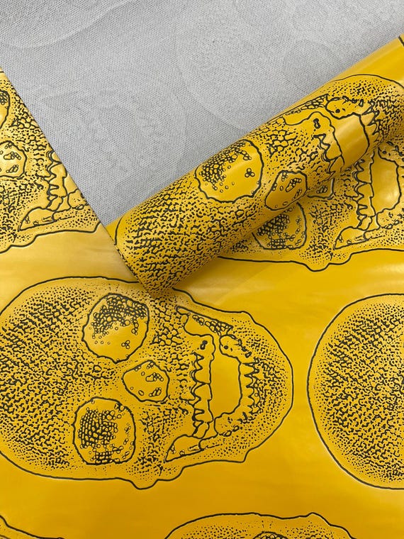 Yellow Skull Vinyl Upholstery, 3D Embossed Fake Faux Leather PVC Vinyl Fabric.