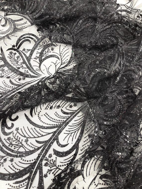 Black Palm Glitter Vine Design On A Mesh Lace Fabric 58"' Wide Prom.