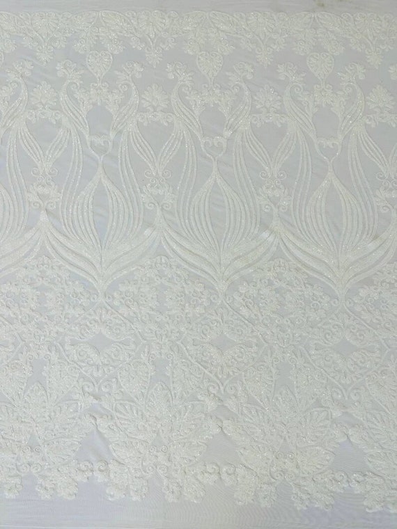 New Shiny Damask Design on a 4 Way Stretch Mesh-Prom-Sold by The Yard. White