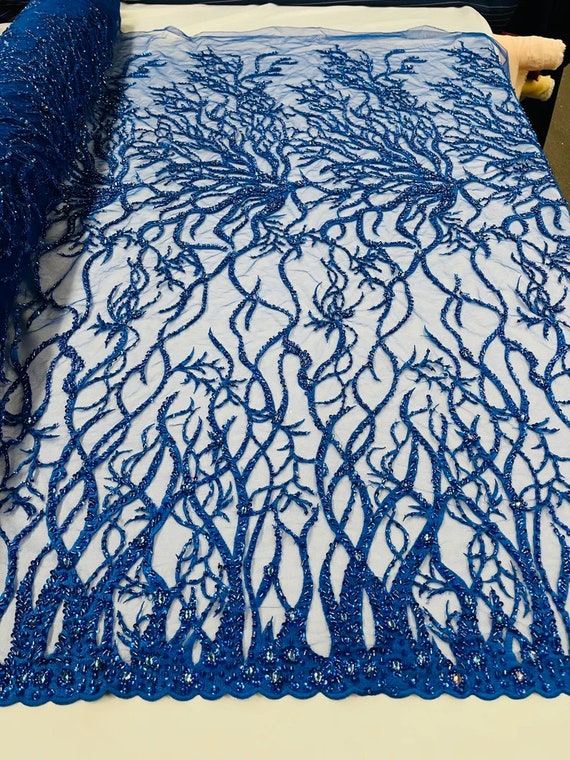 Vine Design Embroider and Heavy Beading On a Mesh Lace-Sold By the Yard. Royal Blue