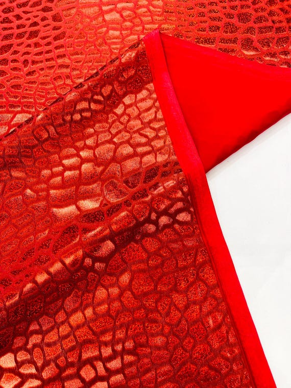 Red Dragon Skin Foil Design On A Stretch Velvet Fabric| Sold By The Yard.