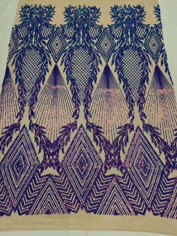 Geometric Diamond Design with Shiny Sequins On a 4 Way Stretch Mesh-Dresses-Prom-Nightgown-Sold By The Yard- Lavender Nude