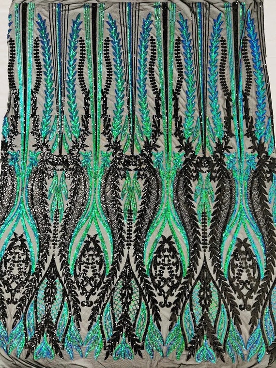 Two Tone Damask Design with Sequins Embroider on a 4 Way Stretch Mesh Fabric-Sold by The Yard. Green Iridescent Black