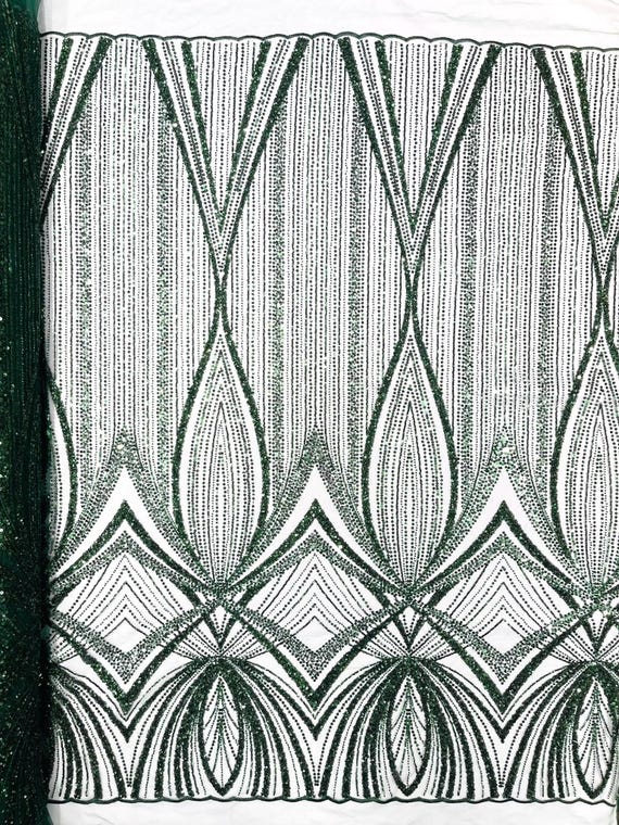 Hunter Green Geometric New York Fashion Beaded Lace, By The Yard.