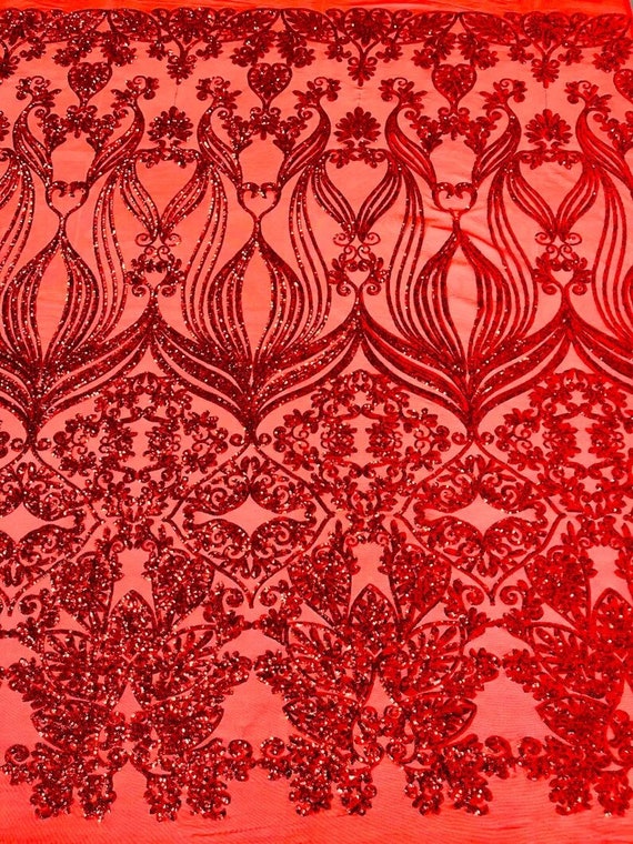 New Shiny Damask Design on a 4 Way Stretch Mesh-Prom-Sold by The Yard. Red