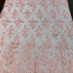 Floral Design Embroidery On a Mesh Lace With Sequins And Cord-Dresses-Fashion-Prom-Nightgown-Sold By the Yard Pink