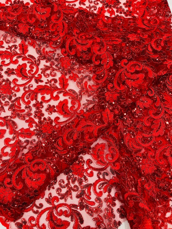 Red Metallic Corded Flowers Embroider With Sequins On a Mesh Lace Fabric- Sold By The Yard.