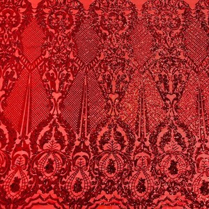 Princess Sequin Design op 4 Way Stretch Mesh Fabric-Prom-Verkocht op maat gesneden. Rood