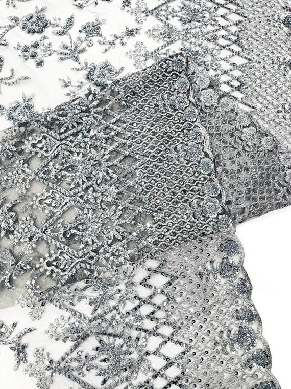 Gray Modern Luxury Beaded Fabric 54” Wide- Sold by the yard