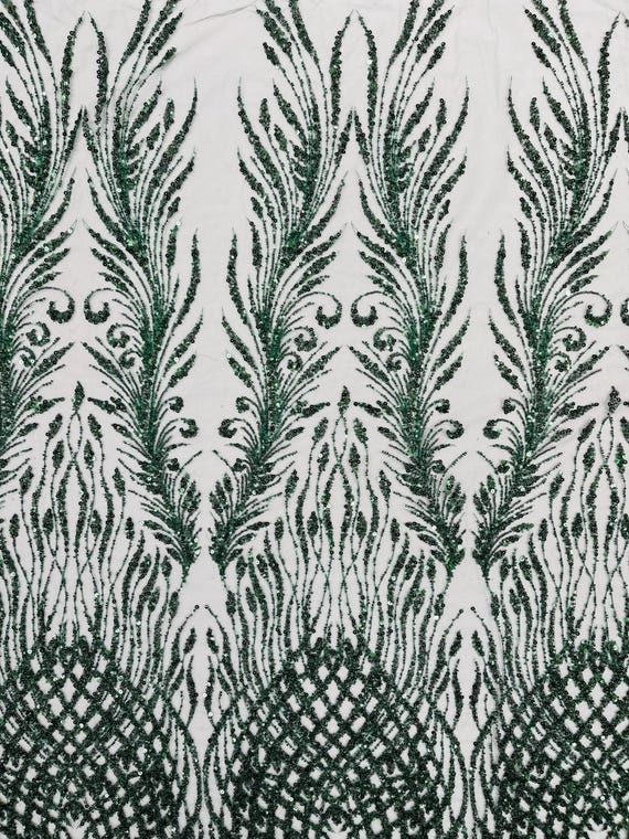 Hunter Green Feathers damask embroider and heavy beaded on a mesh lace fabric- Sold by the yard