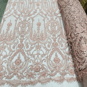 Diva Design Embroidery with Heavy Beaded On a Mesh Lace-Sold By The Yard. Blush Pink