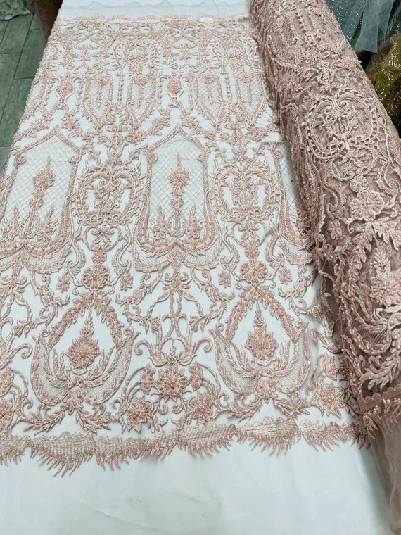 Diva Design Embroidery with Heavy Beaded On a Mesh Lace-Sold By The Yard. Blush Pink
