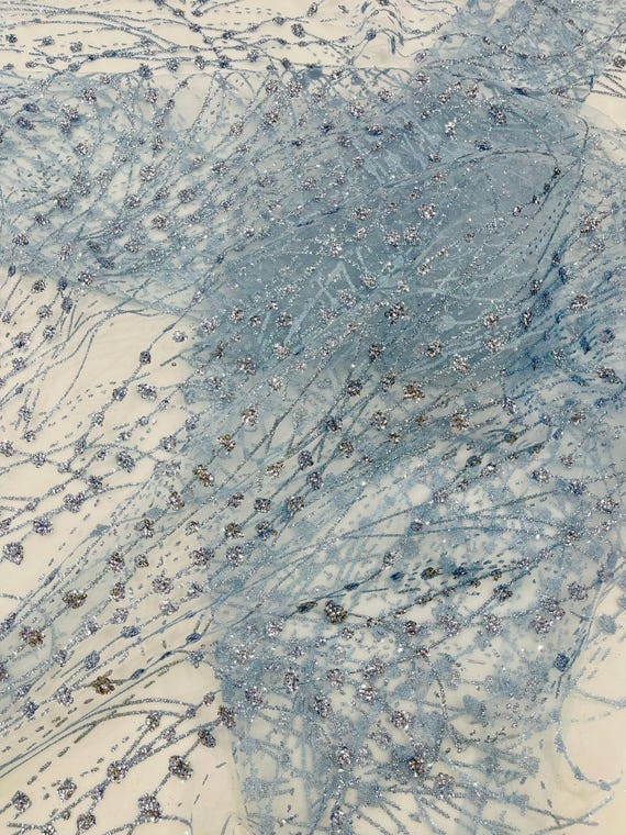 Light Blue Galaxy Glitter Design On A Mesh Lace Fabric/Prom.