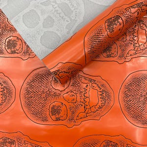 Orange Skull Vinyl Upholstery, 3D Embossed Fake Faux Leather PVC Vinyl Fabric.