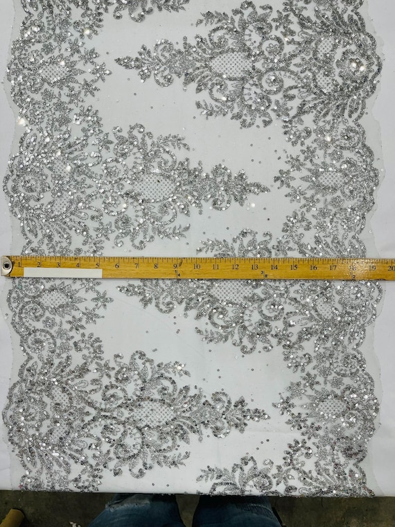 Silver 20" Wide Trim Glitter Damask Design On A Mesh Trim Lace- Sold by the yard
