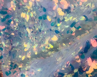 Iridescent Teardrop Sequin Design On a Mesh-Prom-Nightgown-Decorations-Sold By The Yard- White Clear