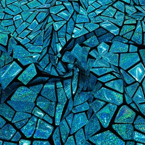 Turquoise Holographic Shiny Broken Glass Sequin Design/Geometric/ On Black Stretch Velvet Fabric Sold By The Yard.