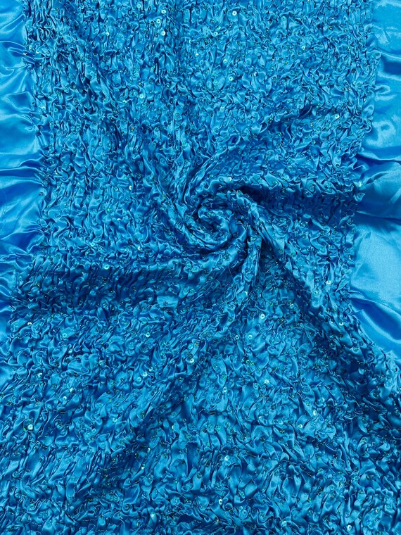 Turquoise Pleated Stretch Satin Ruffle lace Trim With Hologram Sequin/24" Wide/Sold By The Yard.
