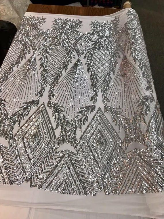 Geometric Diamond Design with Shiny Sequins On a 4 Way Stretch Mesh-Dresses-Prom-Nightgown-Sold By The Yard- Silver White