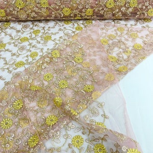Multi Color Gold Metallic Floral Design Embroider On a Pink Mesh Lace-Dresses-Sold By The Yard. Dusty Pink