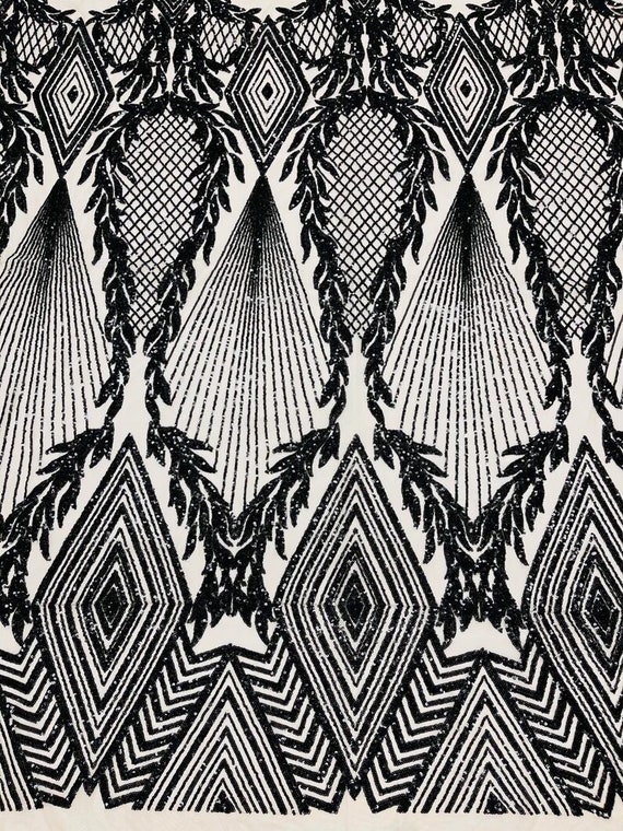 Geometric Diamond Design with Shiny Sequins On a 4 Way Stretch Mesh-Dresses-Prom-Nightgown-Sold By The Yard- Black Nude