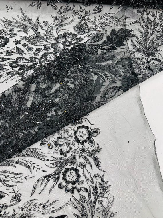 Black Big Glitter Damask Design On A Mesh Lace Fabric/Prom/Sold By The Yard