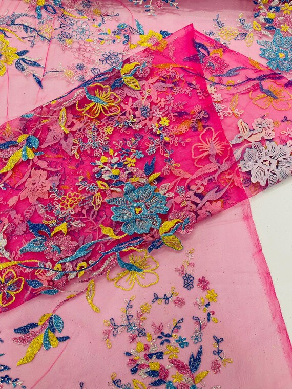 Fuchsia Multi Color Roses Glitter Design On A Mesh Lace Fabric/54" Wide/Prom/Sold By Yard.