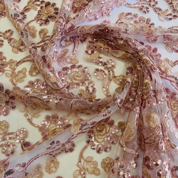 Flower Lace Corded and Embroider with Sequins on a Mesh-Sold by The Yard. Rose Gold