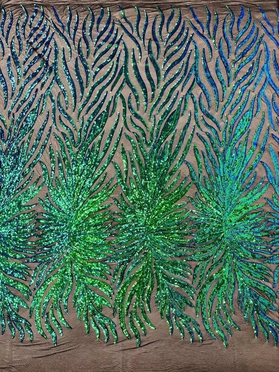 Iridescent Phoenix Feather Design with Sequins Embroider on a 4 Way Stretch Mesh Fabric-Sold by The Yard. Green Black