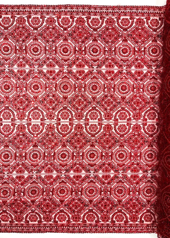 Red Geometric Beaded Lace Fabric, Heavy Embroidered Mesh for Bridal and Evening Gowns