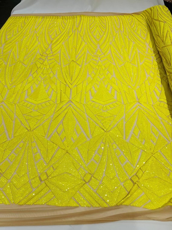Geometric Shiny Sequin Design On a 4 Way Stretch Mesh-Sold By The Yard. Yellow Nude