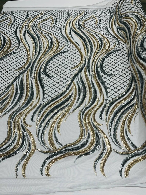 Flame Design with Sequins Embroider on a 4 Way Stretch Mesh Fabric-Sold by The Yard. Gold Silver