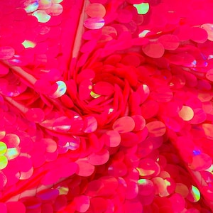 Hot Pink Iridescent Jumbo Sequins Oval Sequin Paillette/Tear Drop Mermaid Big Sequins Fabric On Pink Mesh/ 54 Inches Wide.