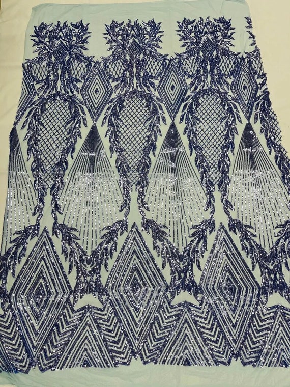 Geometric Diamond Design with Shiny Sequins On a 4 Way Stretch Mesh-Dresses-Prom-Nightgown-Sold By The Yard- Navy Blue