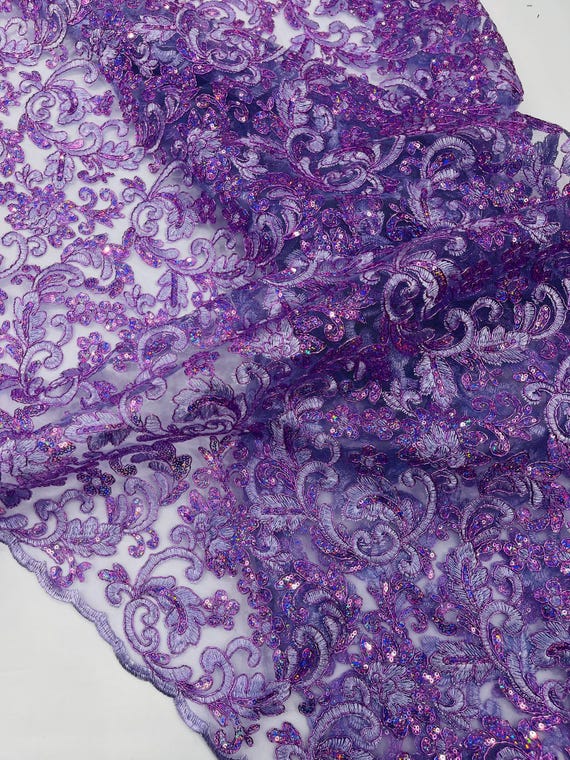 Lilac Metallic Corded Flowers Embroider With Sequins On a Mesh Lace Fabric- Sold By The Yard.