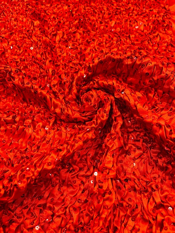 Red Pleated Stretch Satin Ruffle lace Trim With Hologram Sequin/24" Wide/Sold By The Yard.