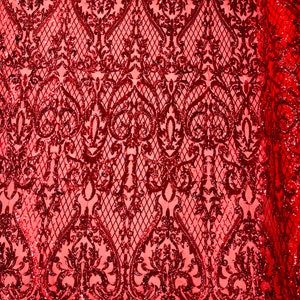 Red Shiny Hart Demask sequin design on a 4 Way Stretch mesh fabric-prom-Sold By The Yard
