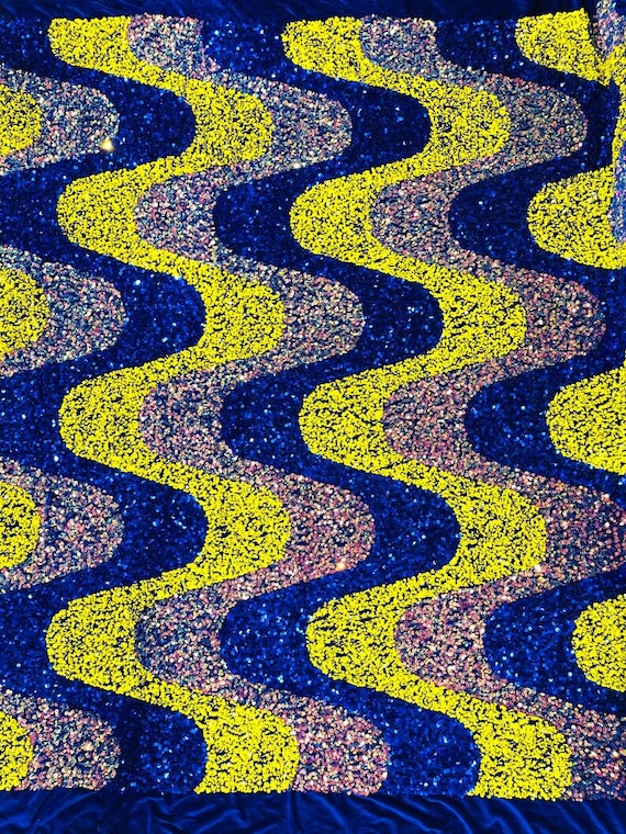 Royal Yellow Clear Iridescent sequin Wave Design On Light Blue stretch velvet all over 5mm shining sequins 2-way stretch sold by the yard
