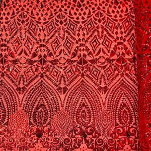 Red Diamond Geometric Sequin On A Stretch Mesh Fabric. By The Yard