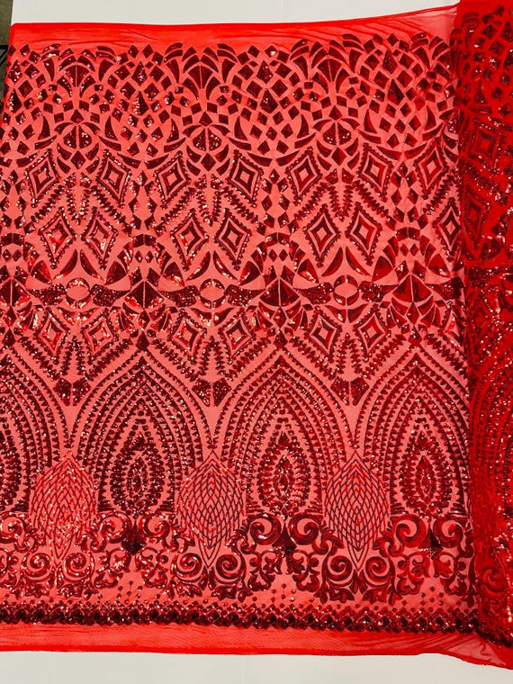 Red Diamond Geometric Sequin On A Stretch Mesh Fabric. By The Yard