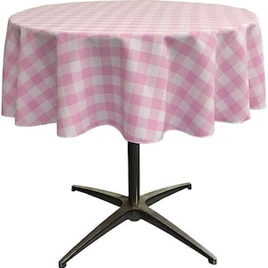 White & Pink Polyester Poplin Checkered Gingham Plaid Round Tablecloth.