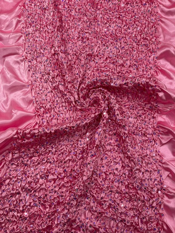 Pink Pleated Stretch Satin Ruffle lace Trim With Hologram Sequin/24" Wide/Sold By The Yard.