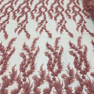 3D Floral Vine Design Embroider and Heavy Beading on a Mesh Lace-Sold By The Yard. Dusty Rose